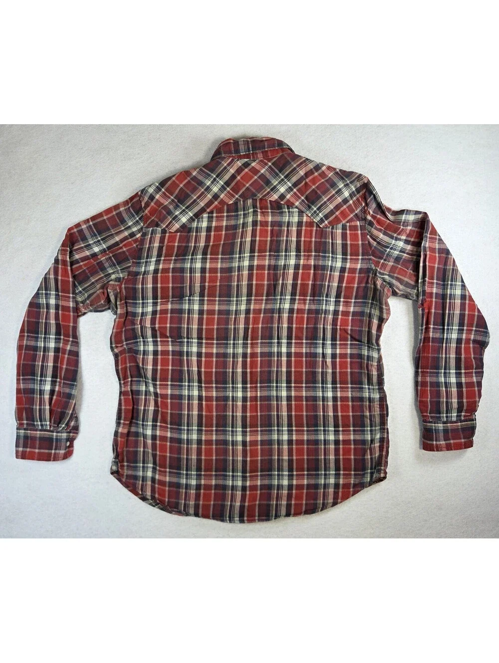 Levis Mens Large Red Blue Plaid Flannel Western Pearl Snap Rodeo Work Shirt FLAW